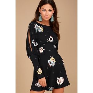 Free People Sunshadows Washed Black Floral Print Split Sleeve Mini Dress Size 12